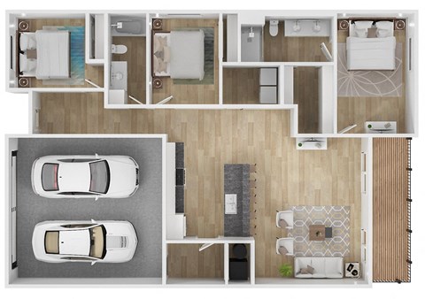 A top-down view of a modern apartment layout with two parking spaces.